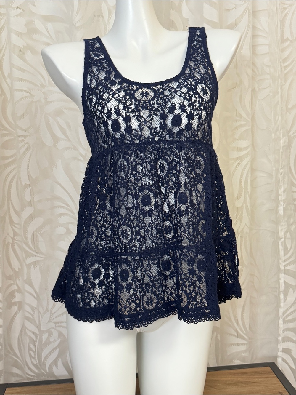 Navy Lace Tank Top - Women's Sleeveless Blouse